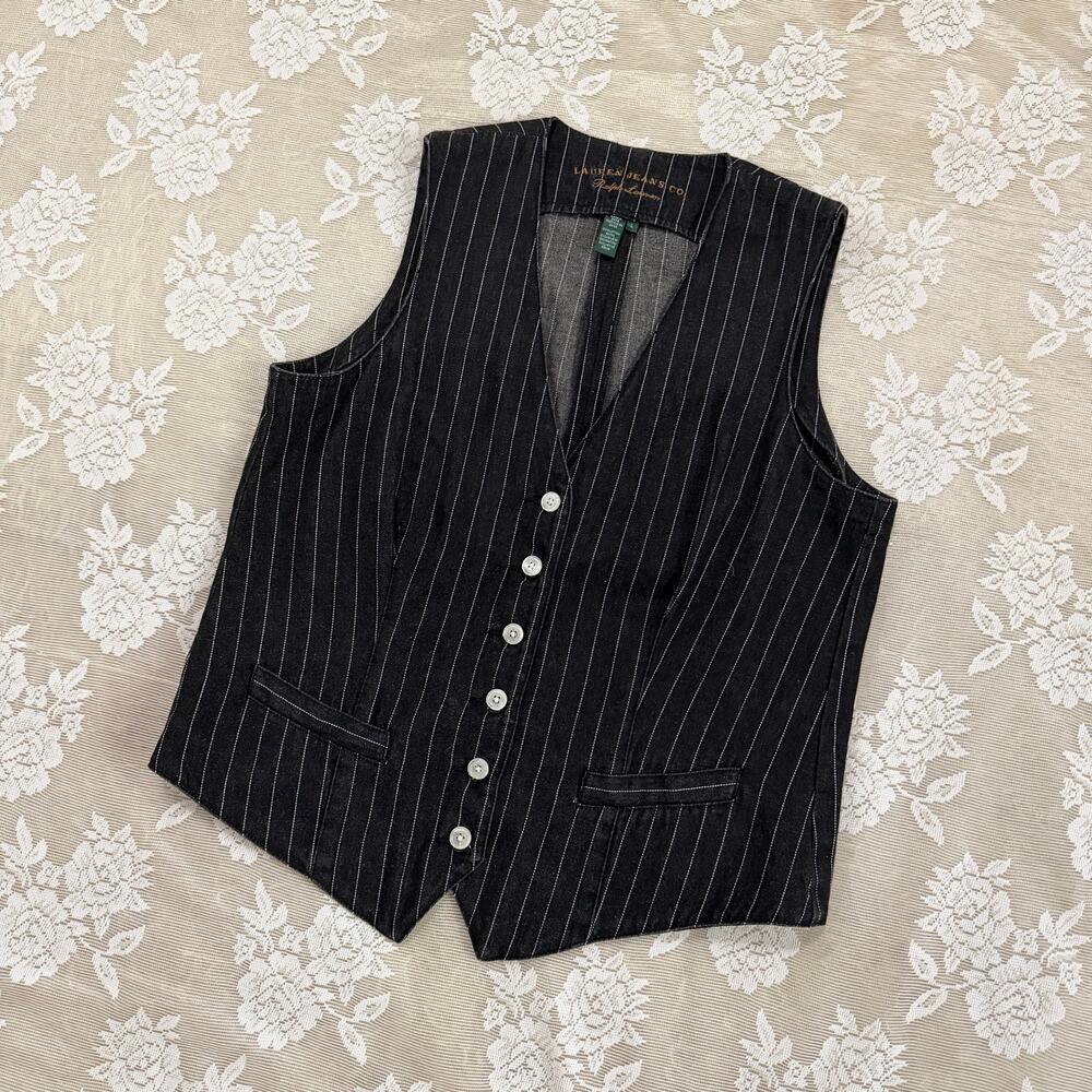 Ralph Lauren / Lauren Jeans Co. Black Denim Pinstripe Button-Front Vest - L